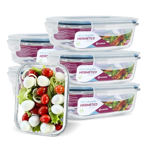 House Organizer Kit 6 Potes de Vidro Retangular com Tampa Hermética 640ml Cor:Azul