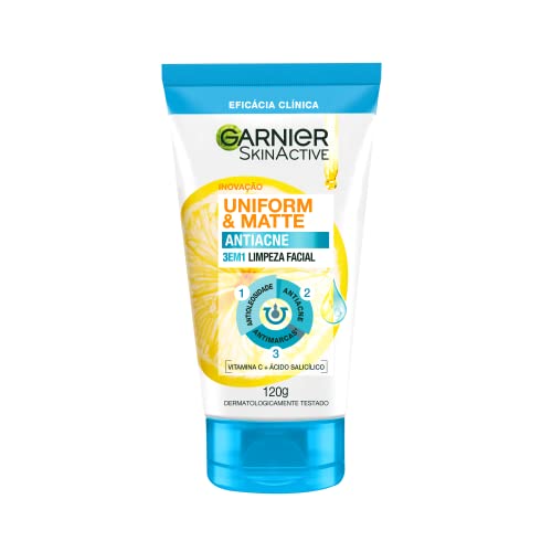 Garnier Uniform &amp; Matte, Sabonete Facial 3 em 1 Antiacne, Tratamento com Ácido Salicílico e Vitamina C para Pele Oleosa, Ação Antioleosidade e Antimarcas, 120g