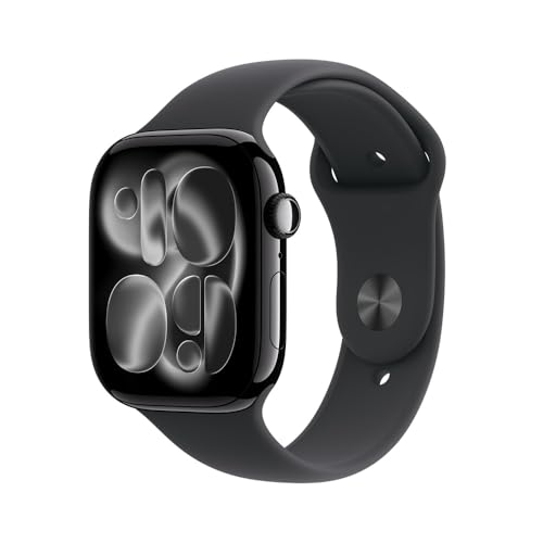 Apple Watch Series 11 GPS, Caixa em alumínio preto brilhante de 46 mm com Bracelete desportiva preta - M/G